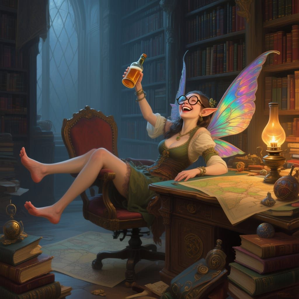 Drunk Fairy Librarian in Fantasy Painting Style