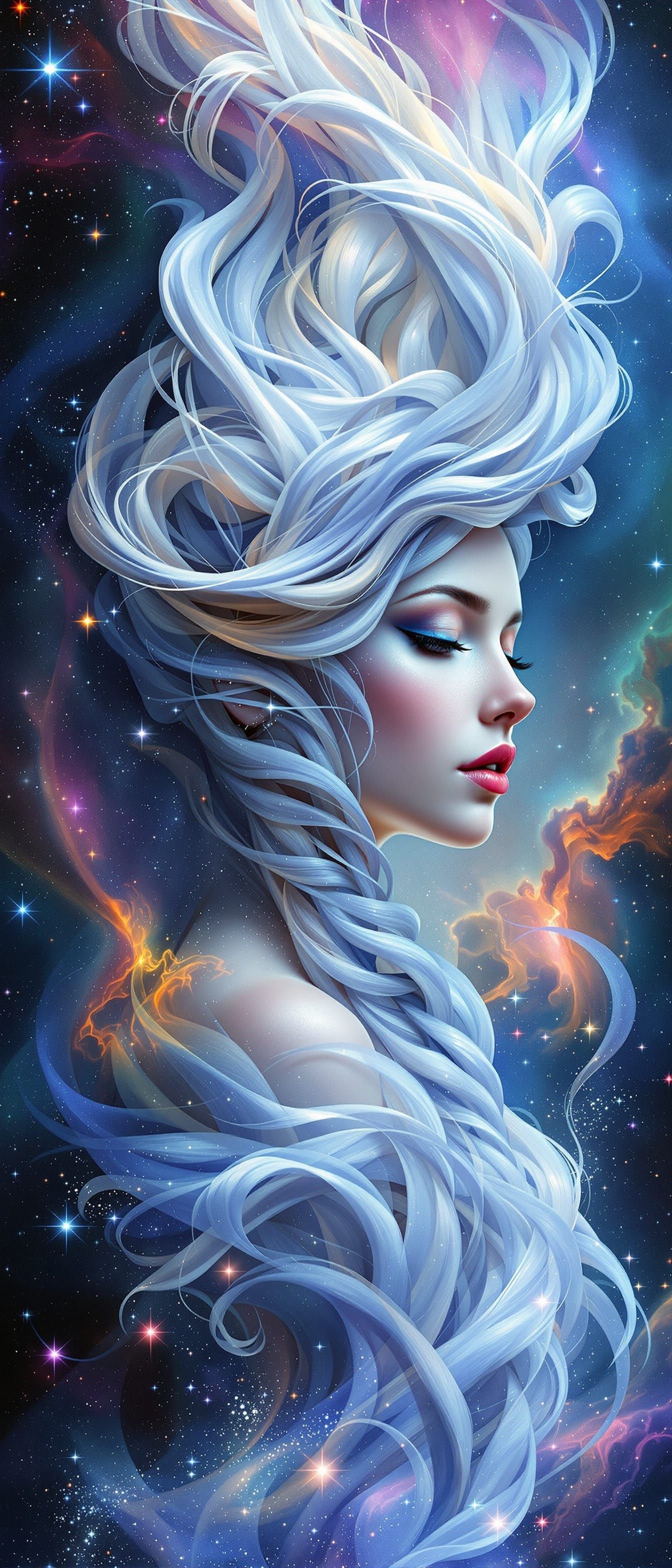 Ethereal Woman with Moonlight Hair and Nebulae