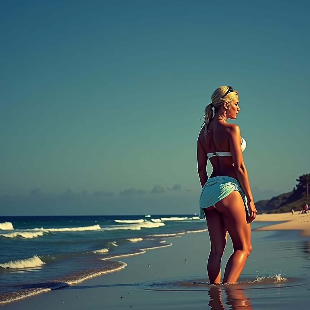 Blonde Woman on Sunny Beach, in Pop Art Style