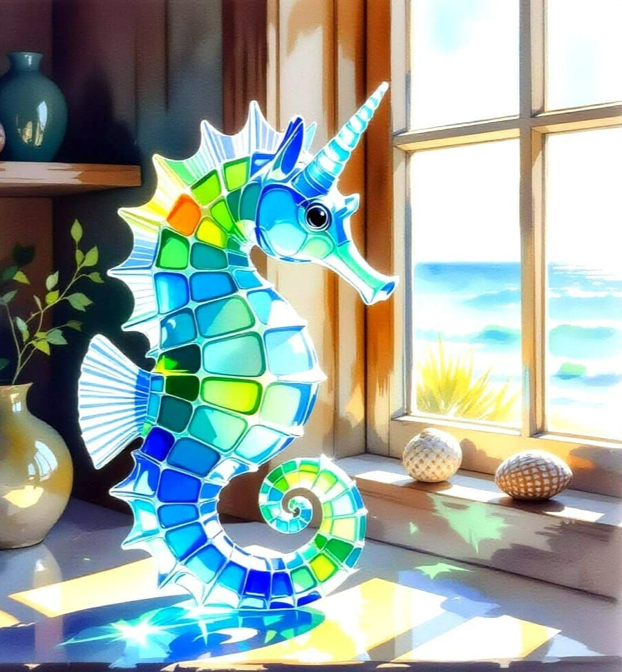 Shimmering Sea Glass Seahorse in Coastal Home