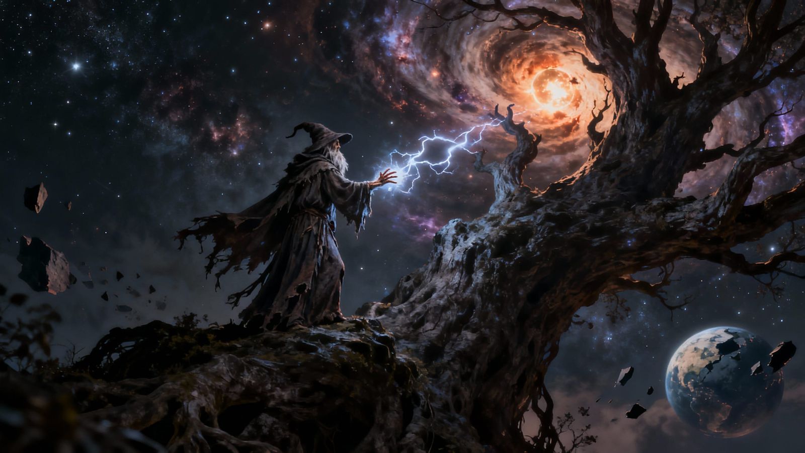 Cosmic Witch Channels Energy in Dark Fantasy Art