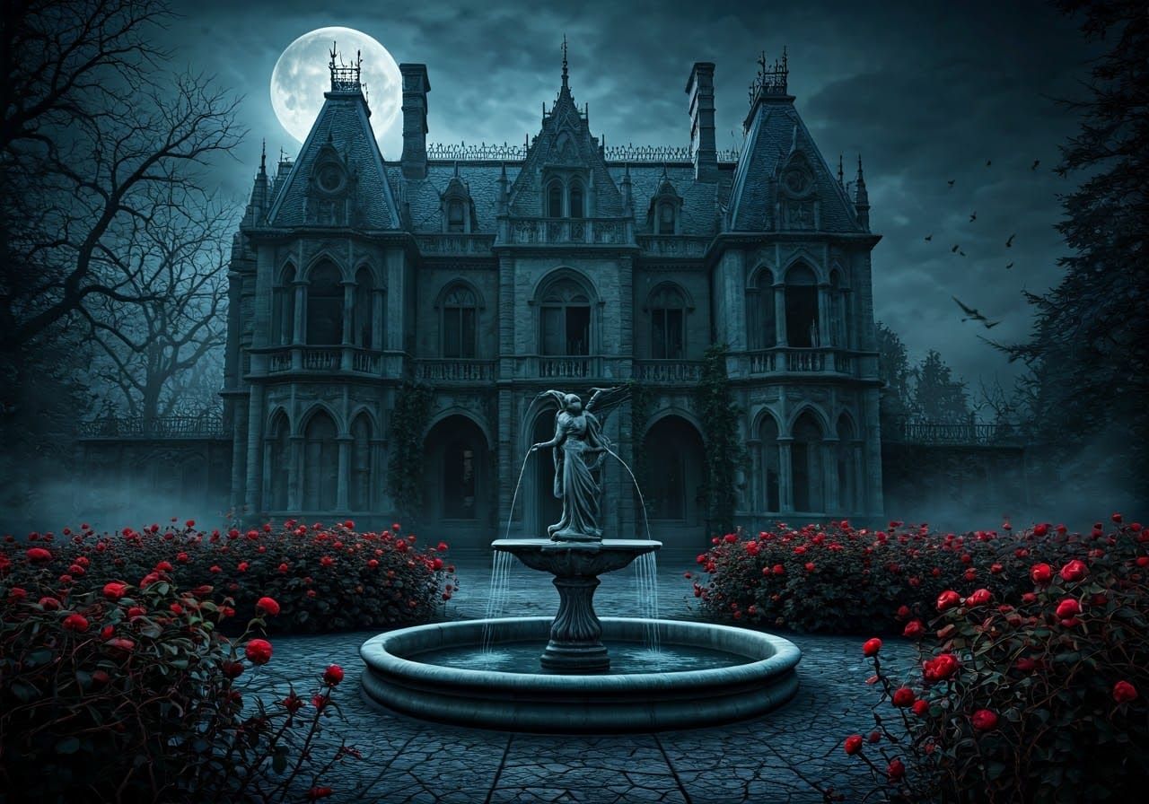 Dark Haunted Mansion with Angel Statue, Horror Ambiance