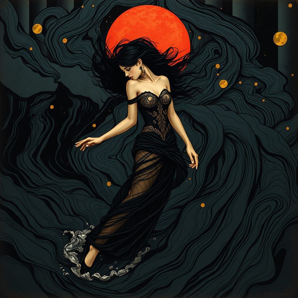 Elegant Figure Radiating Passion in Art Nouveau Style