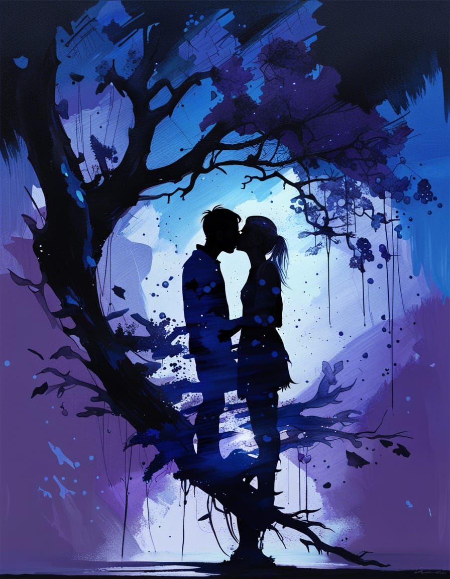 Silhouette Painting of Couple Kissing at Night