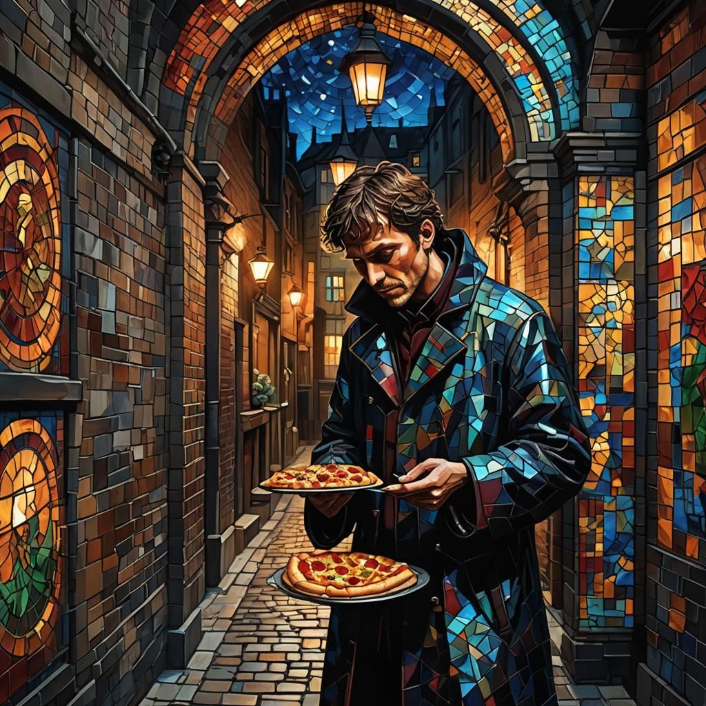Dark Fantasy Stained Glass Mosaic of Man Eating Pizza