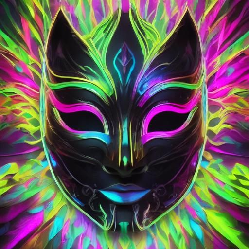 Glowing Neon Mask in Cyberpunk Cityscape