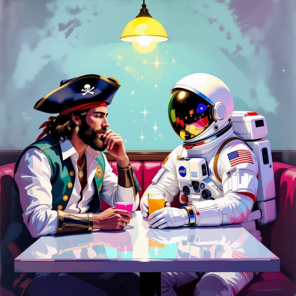 Pirate and Astronaut Meet in a Bar: Minimalist 60s Painting