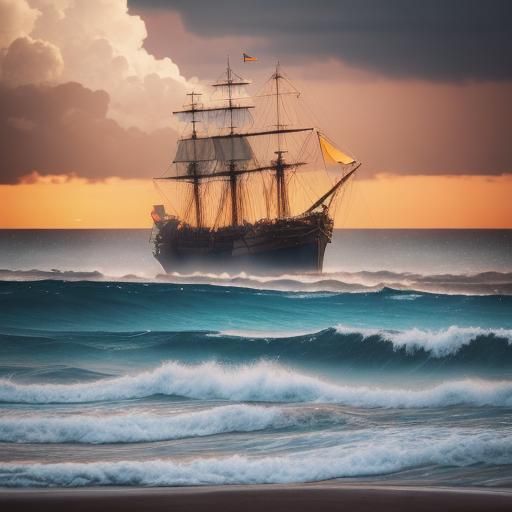 Pirate Ship Sails Stormy Sunset Seas: Cinematic Film Still