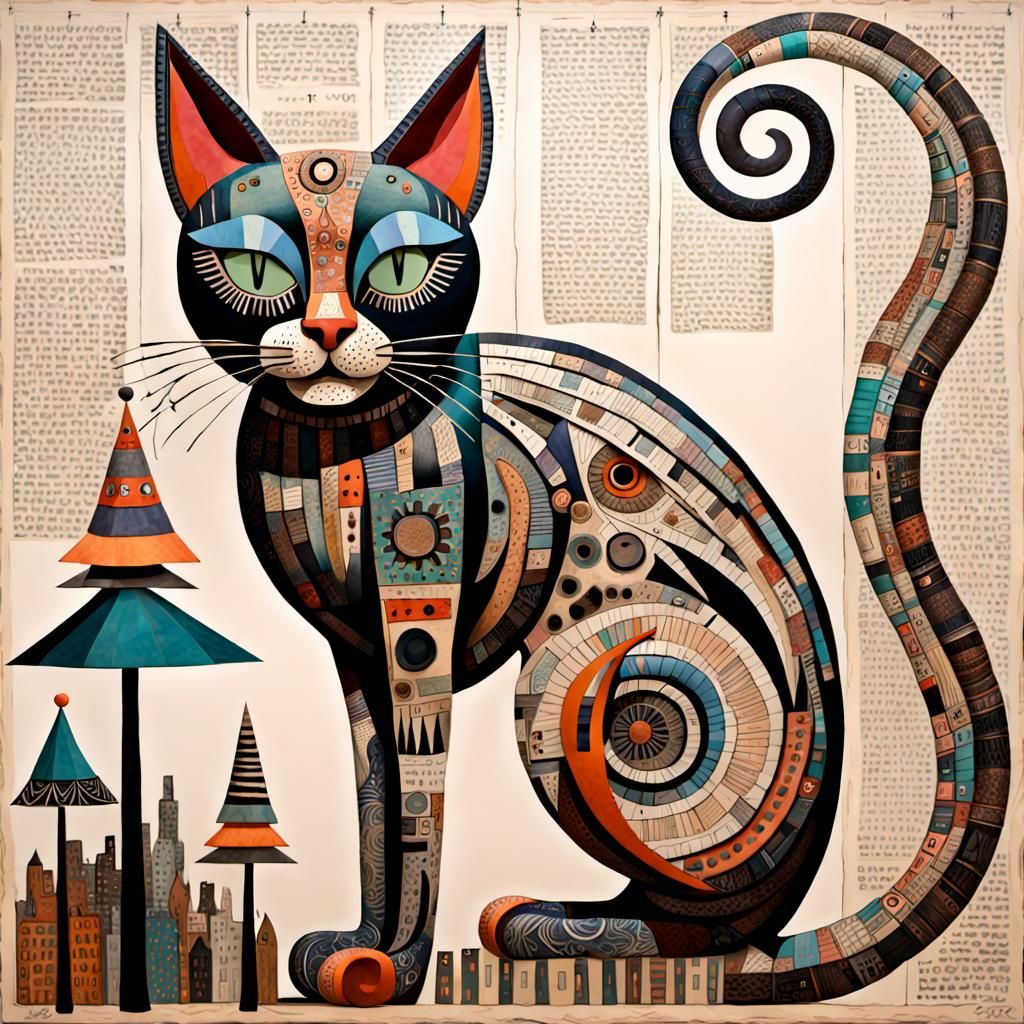 Whimsical Newsprint Cat in Mixed-Media Style