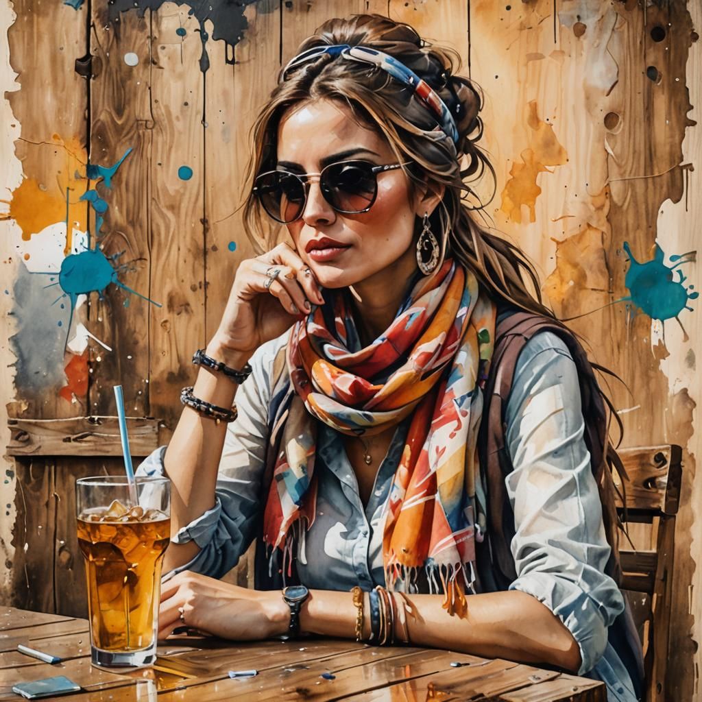 Hippie Woman at Table with Street Art Background