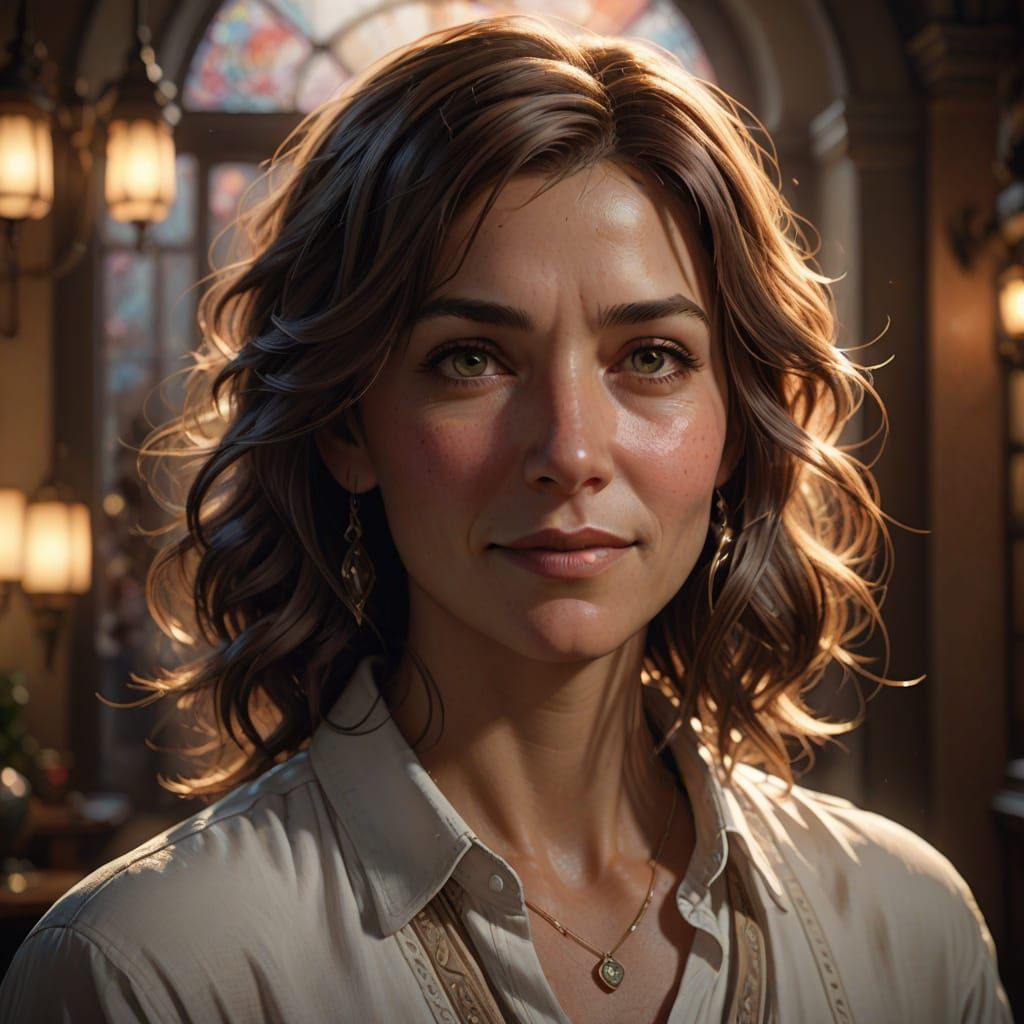 Hyperrealistic Portrait of a Warmly Smiling Woman in a Softl...