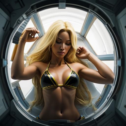 Blonde Model Battles Arachnid in Spaceship: Photography