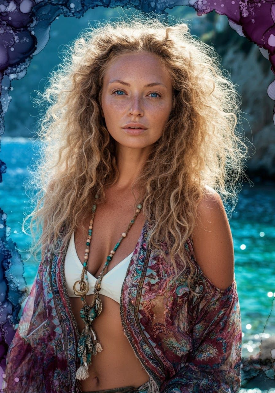 Bohemian Woman in Mediterranean Landscape, Resin Alcohol Ink...