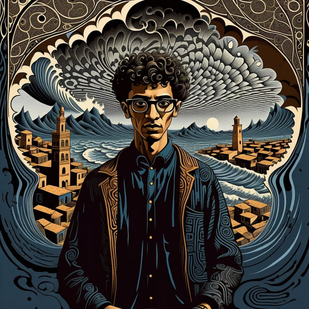 Disturbing Woodcut of Moroccan Student in Decaying Town