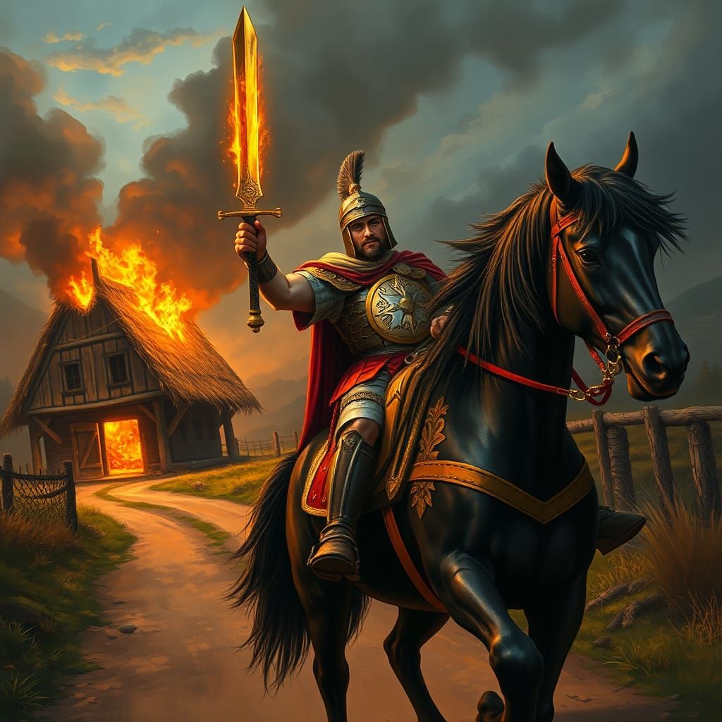 Roman Soldier with Fiery Sword Amidst Burning Farmhouse
