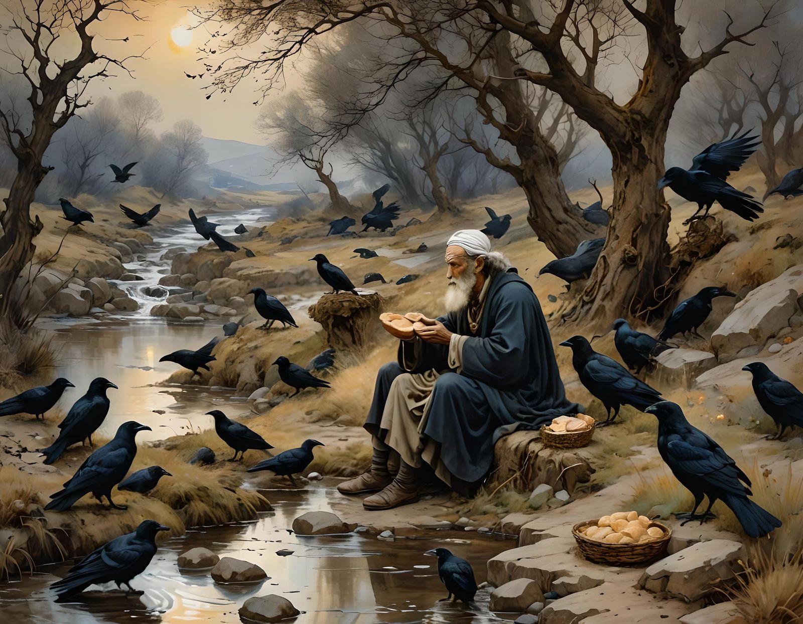 Elijah and Ravens: Hyperdetailed Illustration