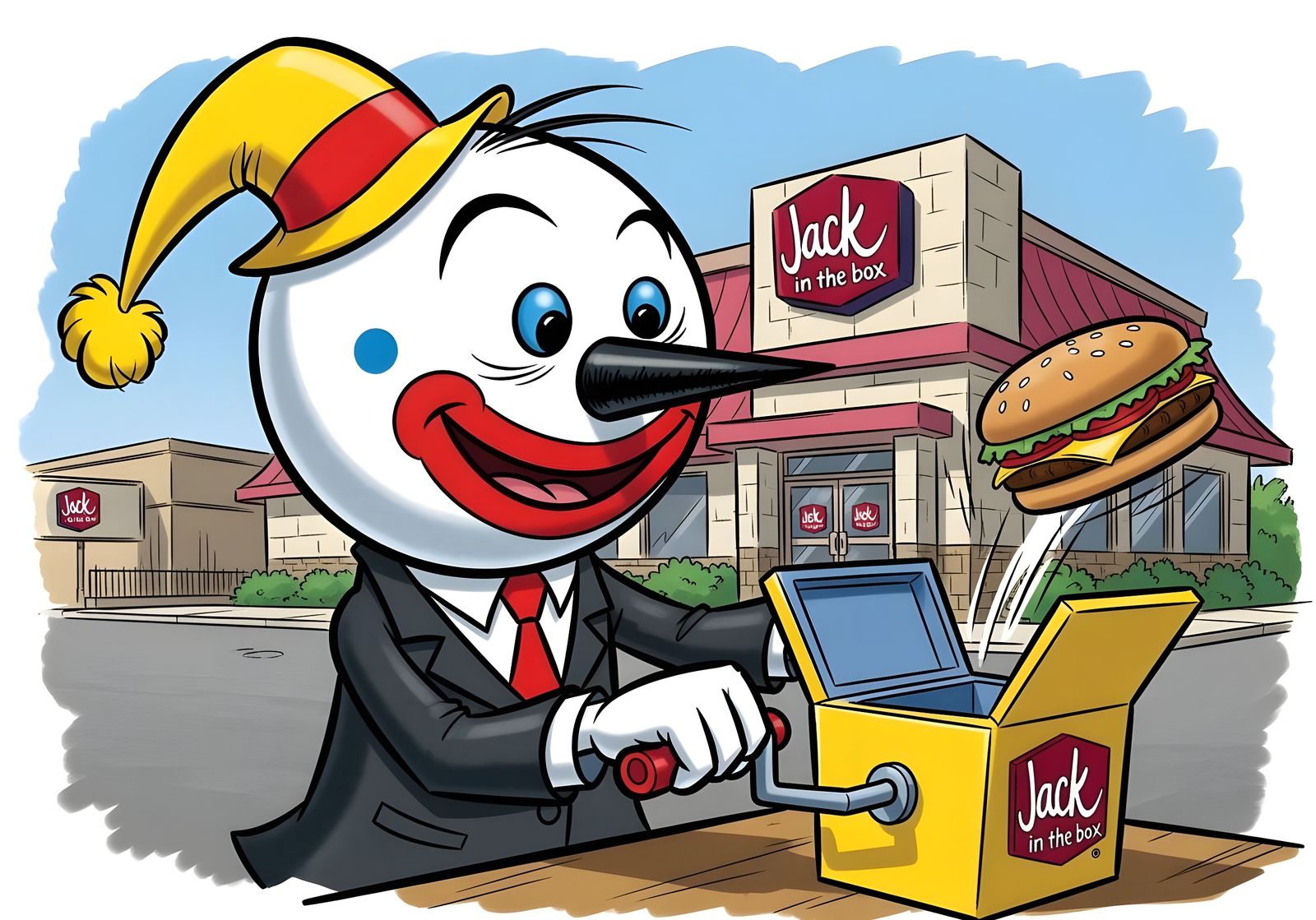 Jack Box and Hamburger in Cartoon Style