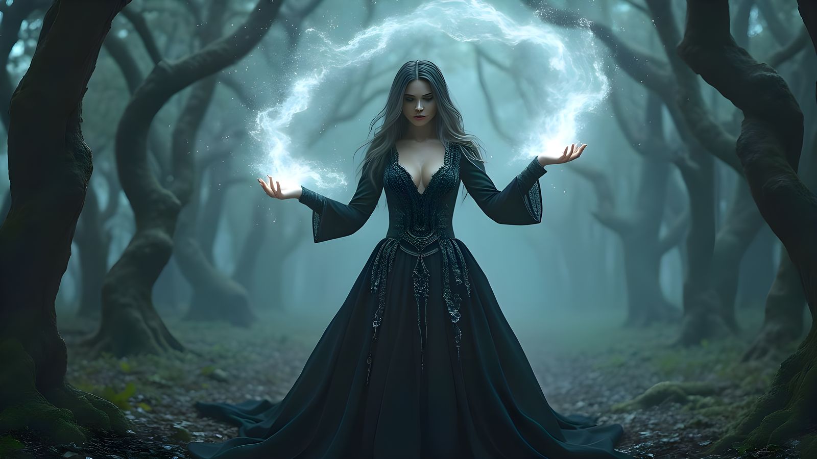 Sorceress Conjuring Spell in Dark Fantasy Forest