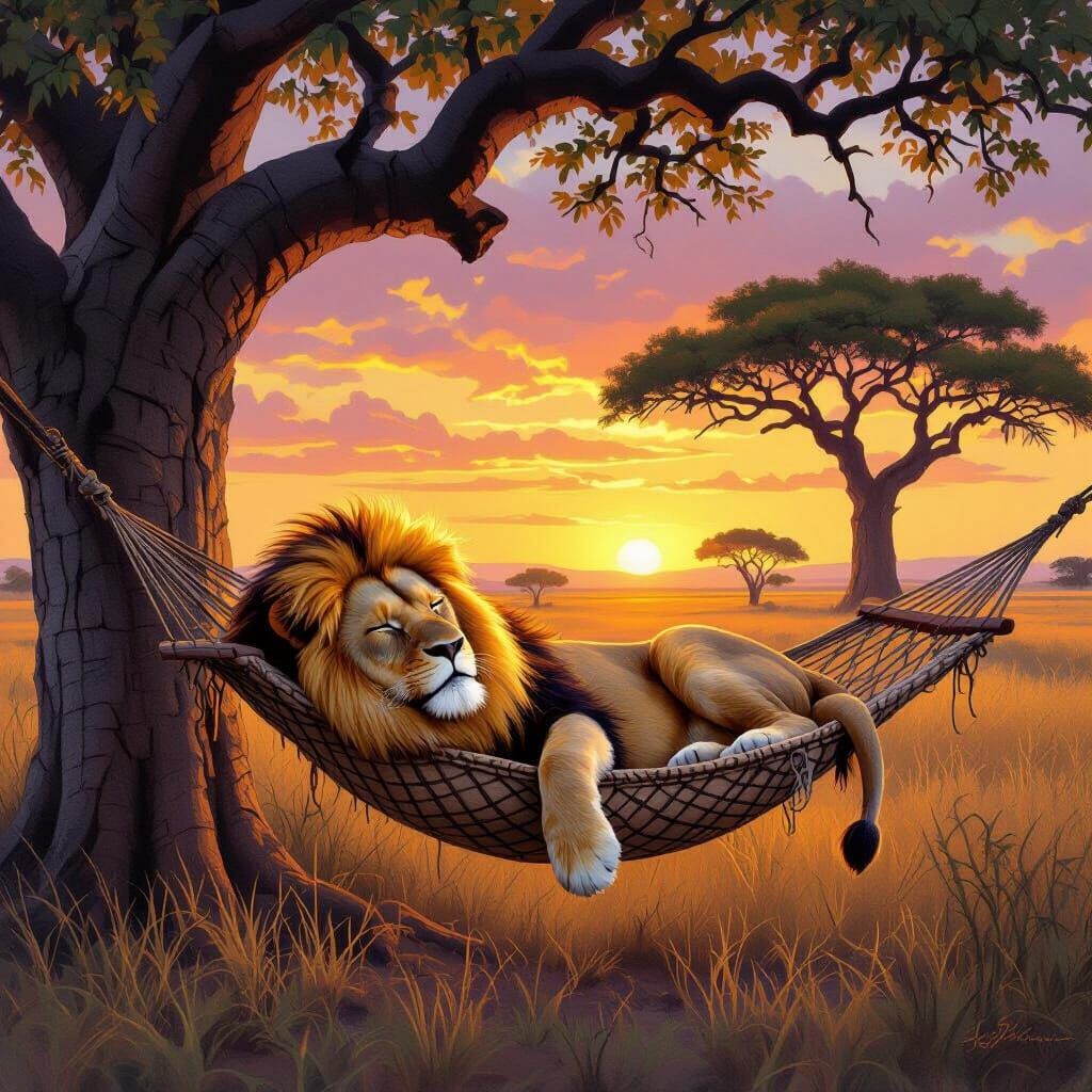 Majestic Lion Sleeping in Hammock at Sunset