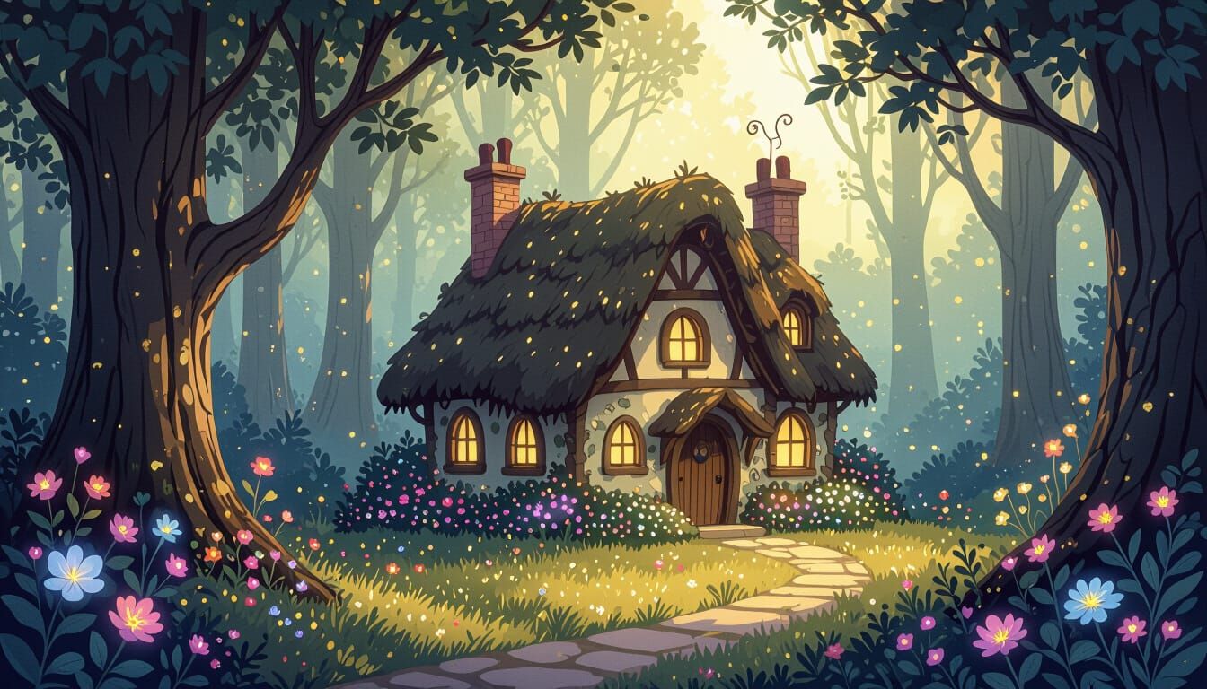 Enchanted Forest Cottage Fairytale Illustration