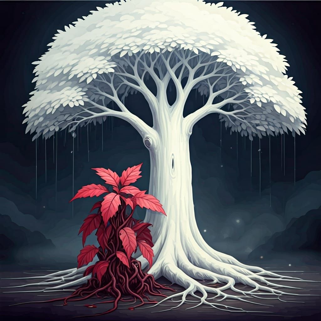 Eerie White Tree in Twilight: Watercolor Line Drawing