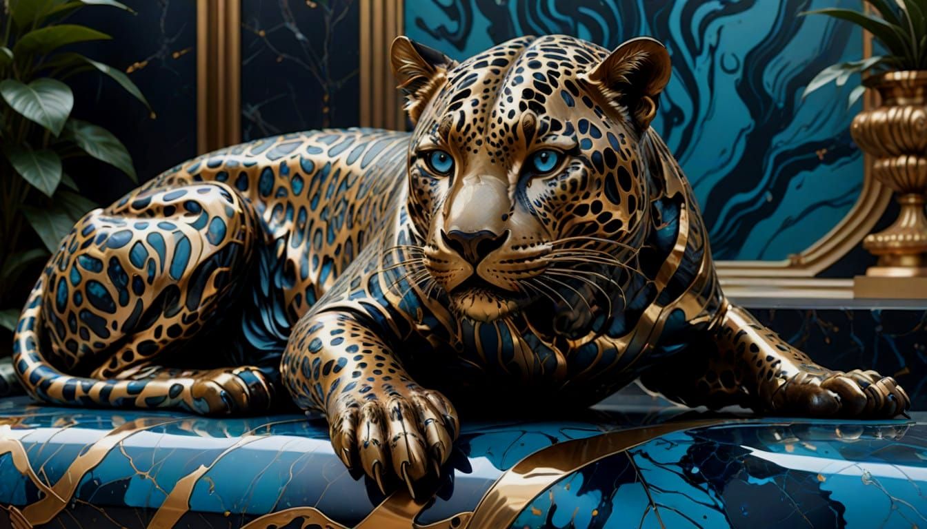Surrealistic Bronze Jaguar Emerges from Obsidian Tundra in M...