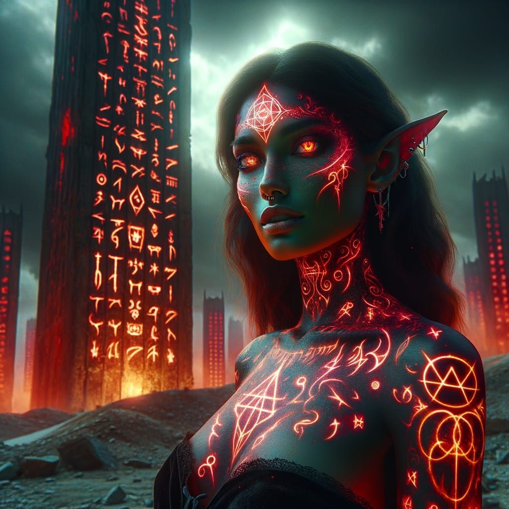 Glowing Dark Elf Witch Amidst Desolate Urban Landscape in Hy...