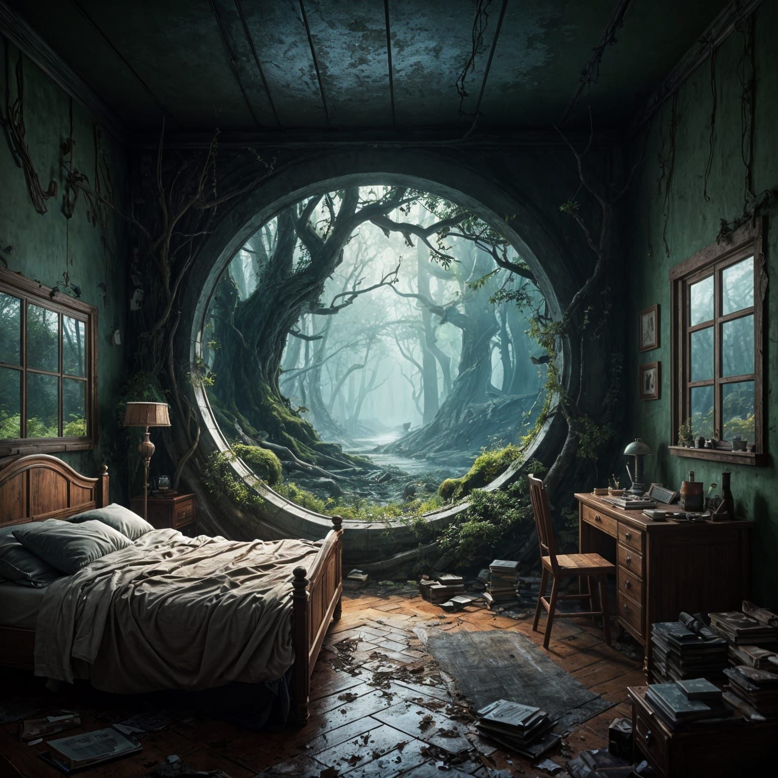 A Magical Gateway to Enchanted Woods Amidst a Cluttered Bedr...