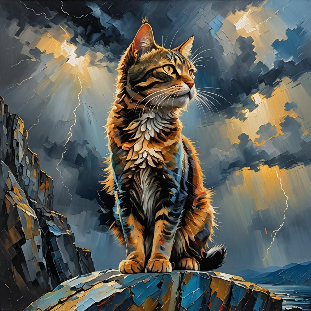 Cat on Cliff in Storm, Neo-Expressionist Oil Painting