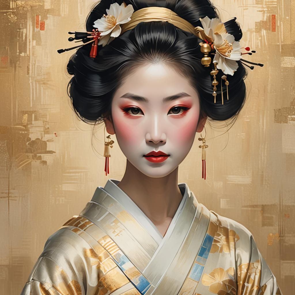 Serene Geisha Face in Vermeer-Inspired Digital Art