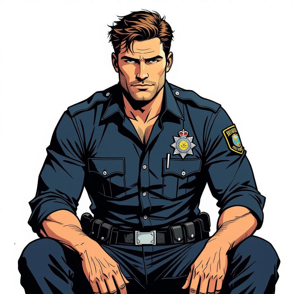 Charismatic Man in UK Police Uniform, Graphic Novel Art