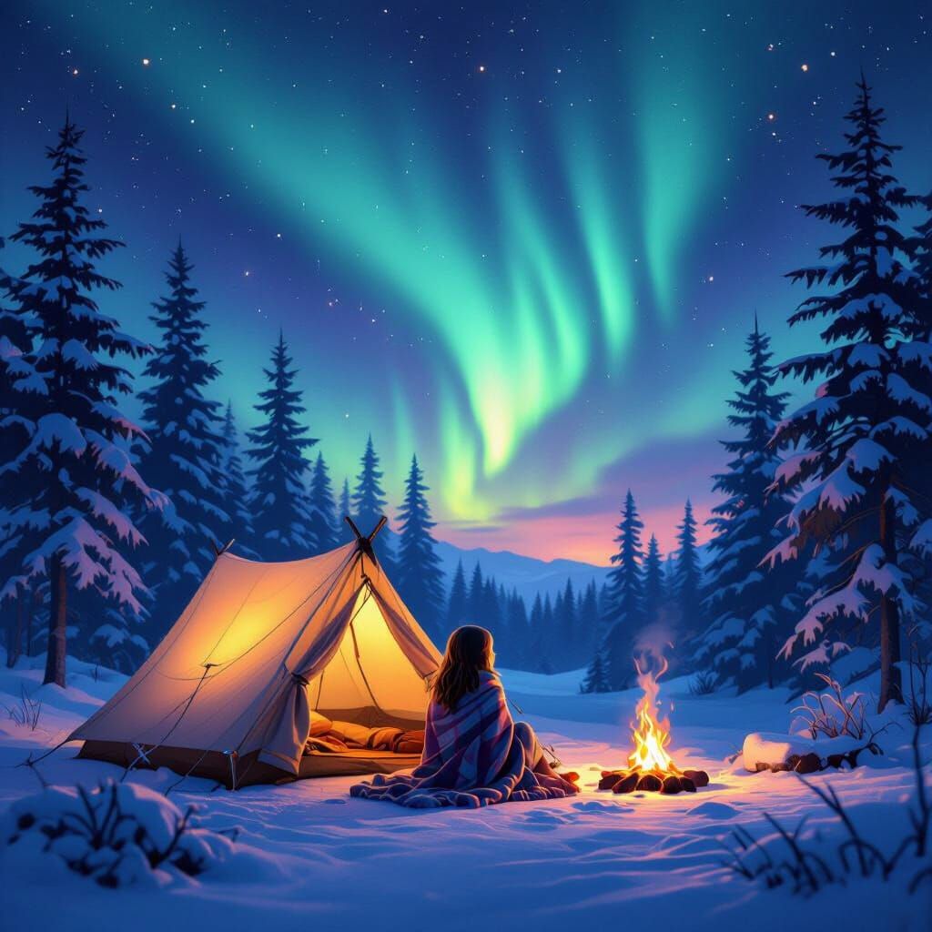 Cozy Forest Tent Under Northern Lights