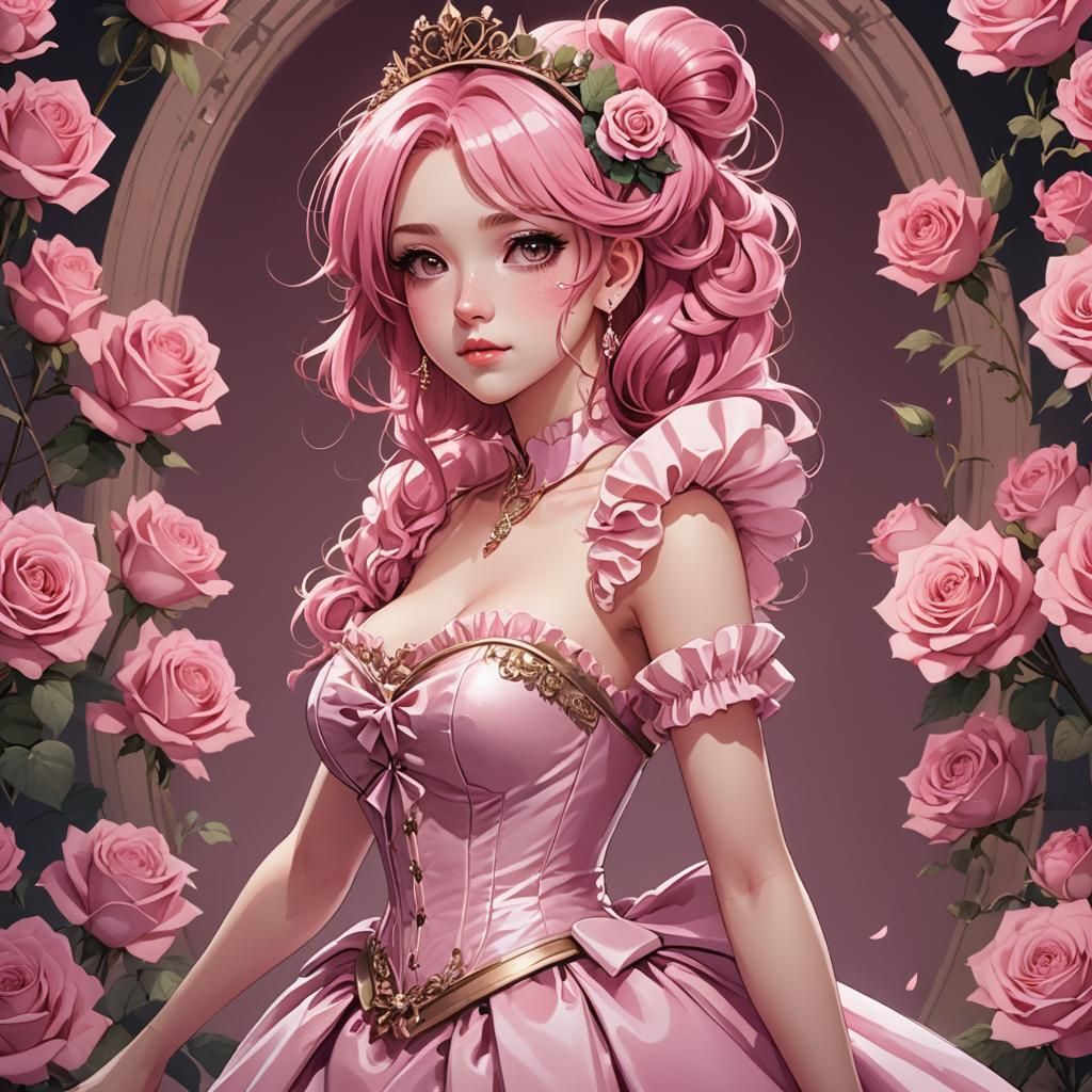 Girl in Pink Corset Dress, Cel-Shaded Anime Art