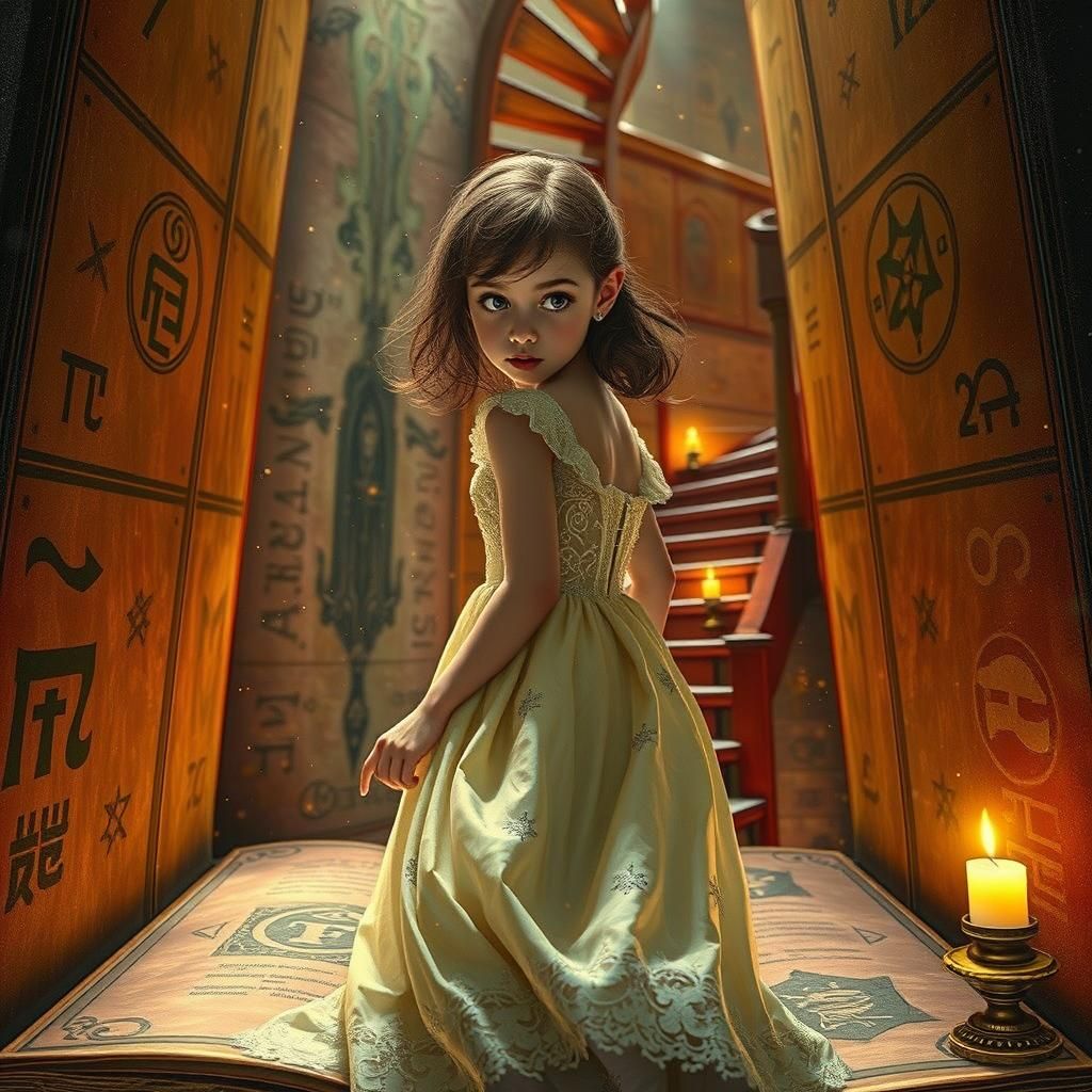Girl Ascending Book Staircase with Mystical Runes