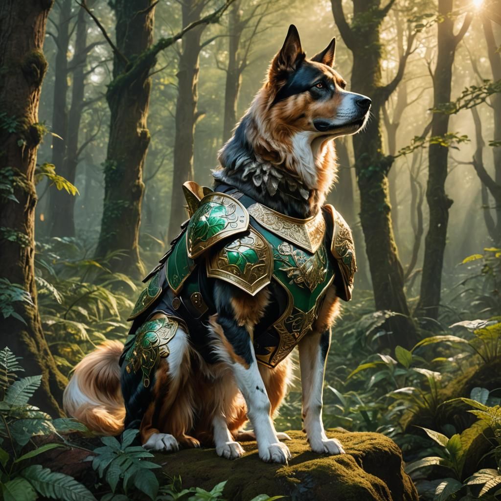 Armored Fighter Dog in Mystical Forest, Fantasy Art