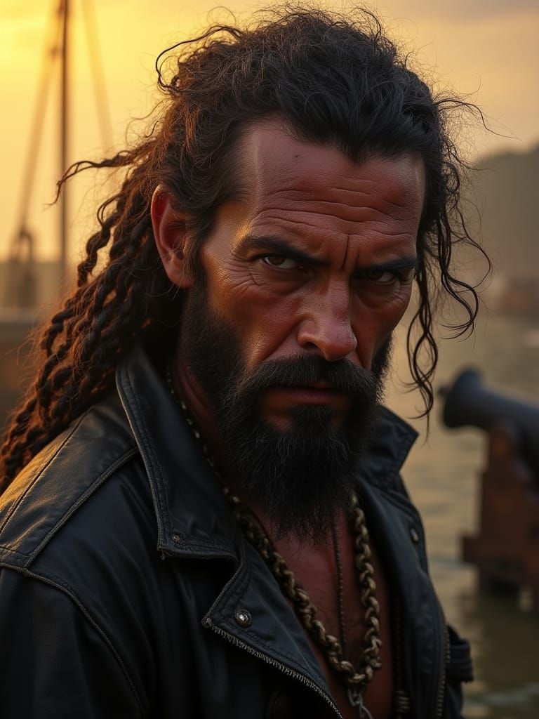 Rugged Pirate Stares Directly, 18th Century Caribbean Port i...