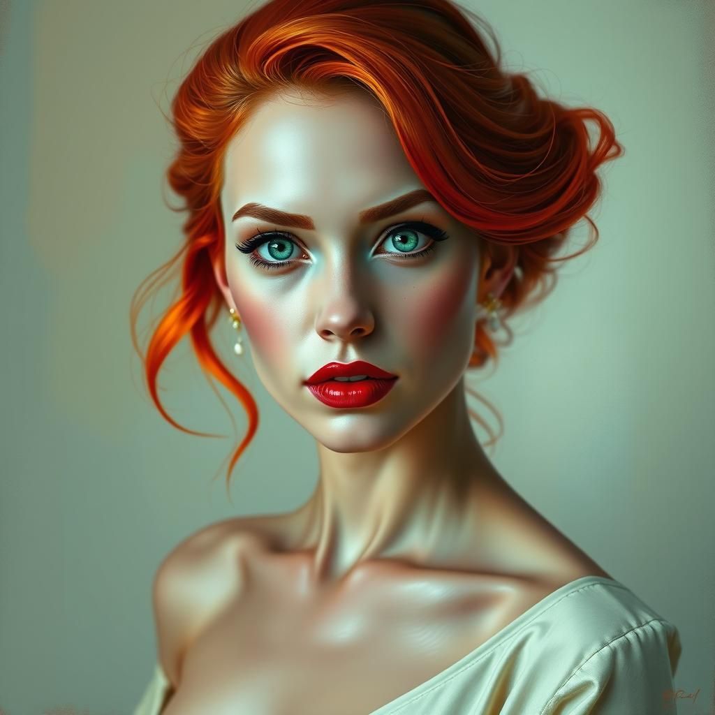 Hyperrealistic Portrait of a Red-Haired Woman as Acrylic