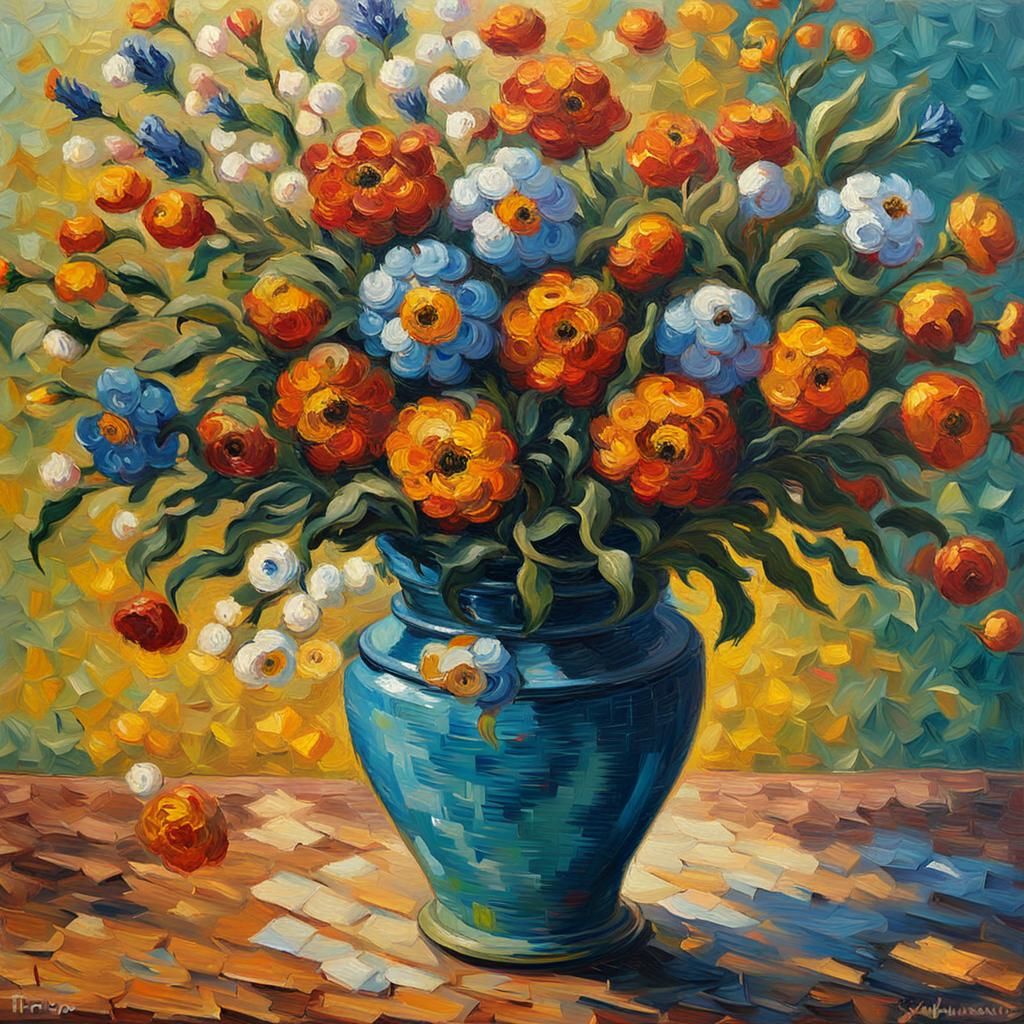 Vibrant Flower Pot Impasto Oil Painting