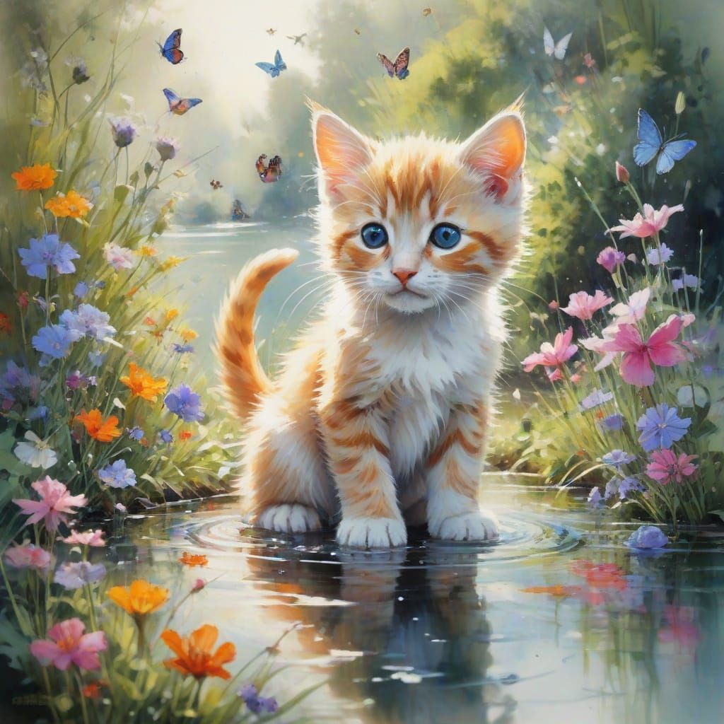 Surreal Watercolour Kitten Contemplates Fish in Vibrant Gard...