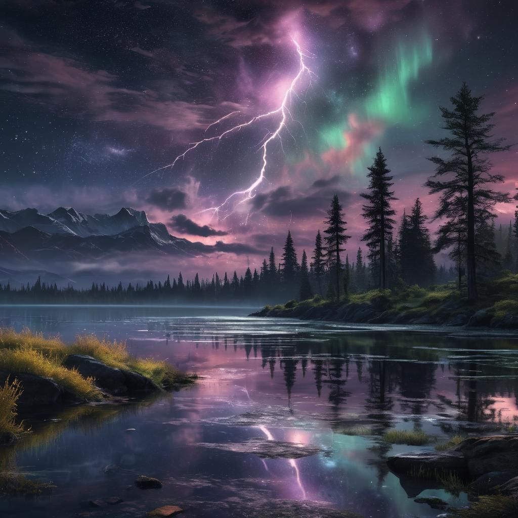 Cosmic Moonlit Lake with Aurora Dust in Anime Style