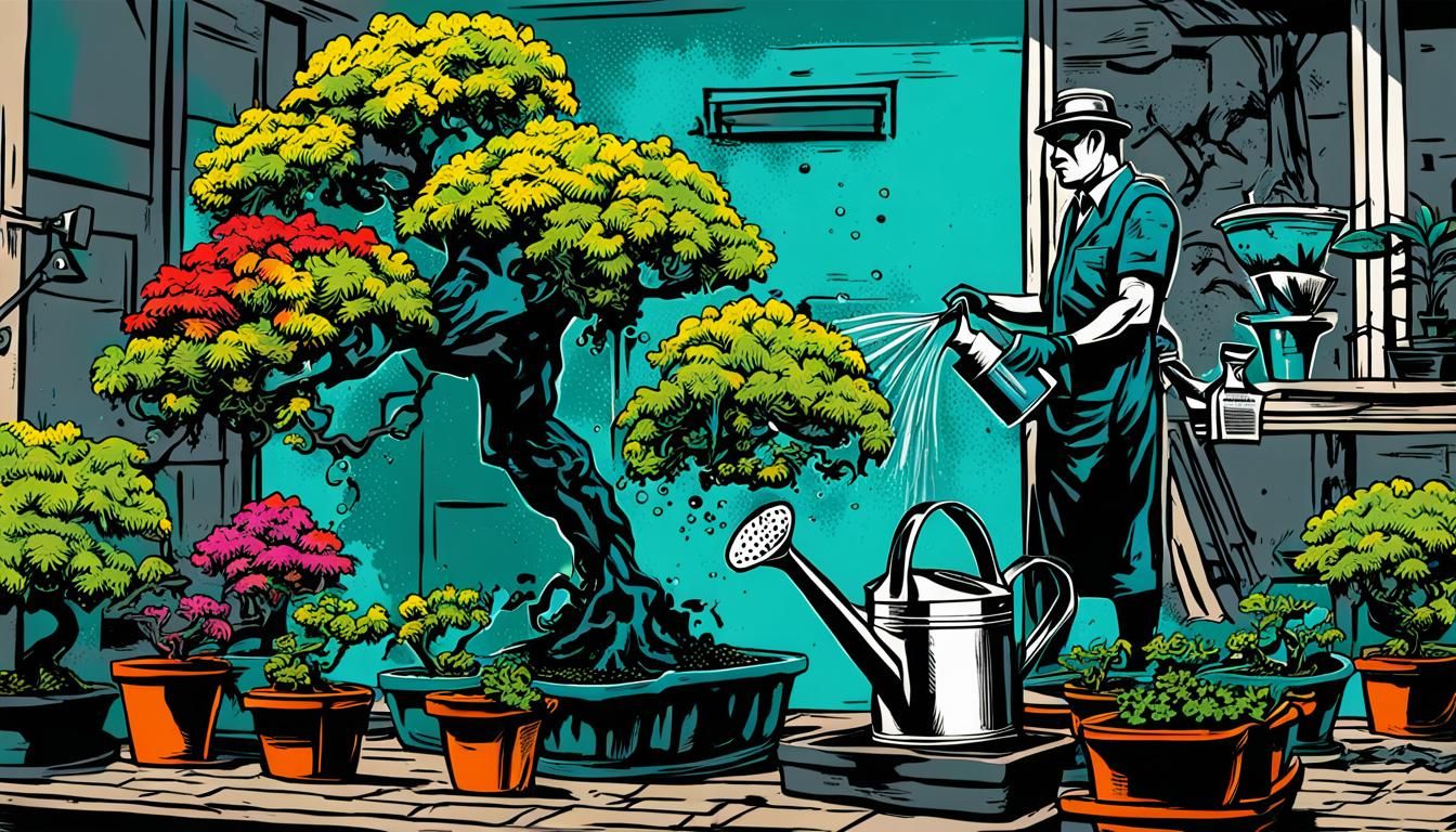 Gardener and Bonsai in Comic Noir Style