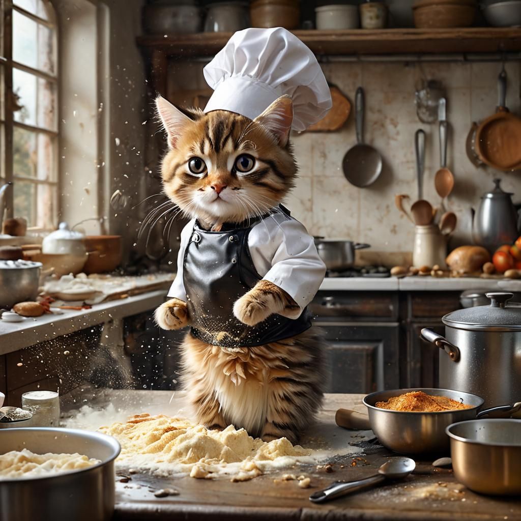Charming Chibi Cat Cook in Flour Explosion