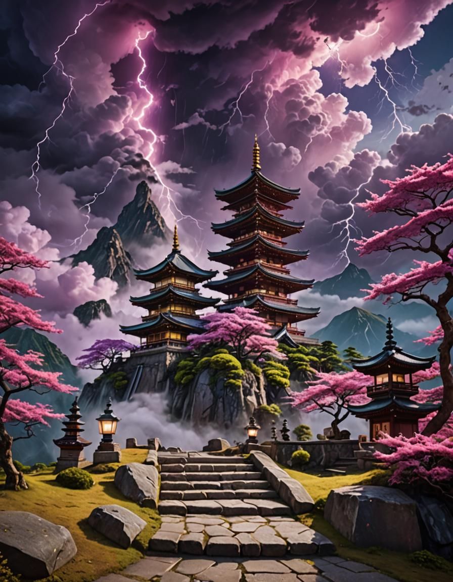 Ornate Japanese Pagoda Amidst Stormy Celestial Wonder