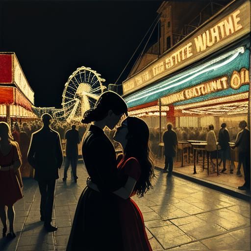 Romantic Street Fairground Kiss in Impressionist Oil Paintin...