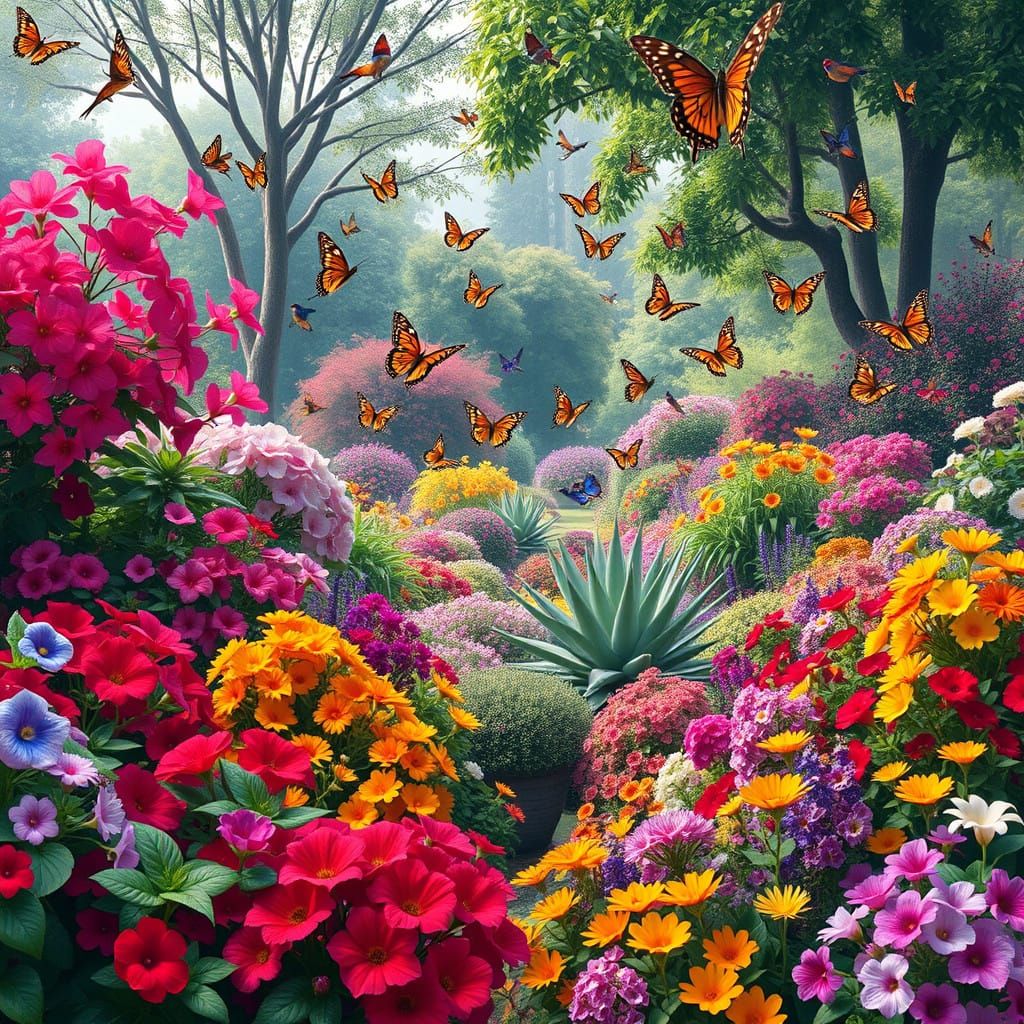 Lush Garden Scene with Vibrant Flowers and Exotic Wildlife