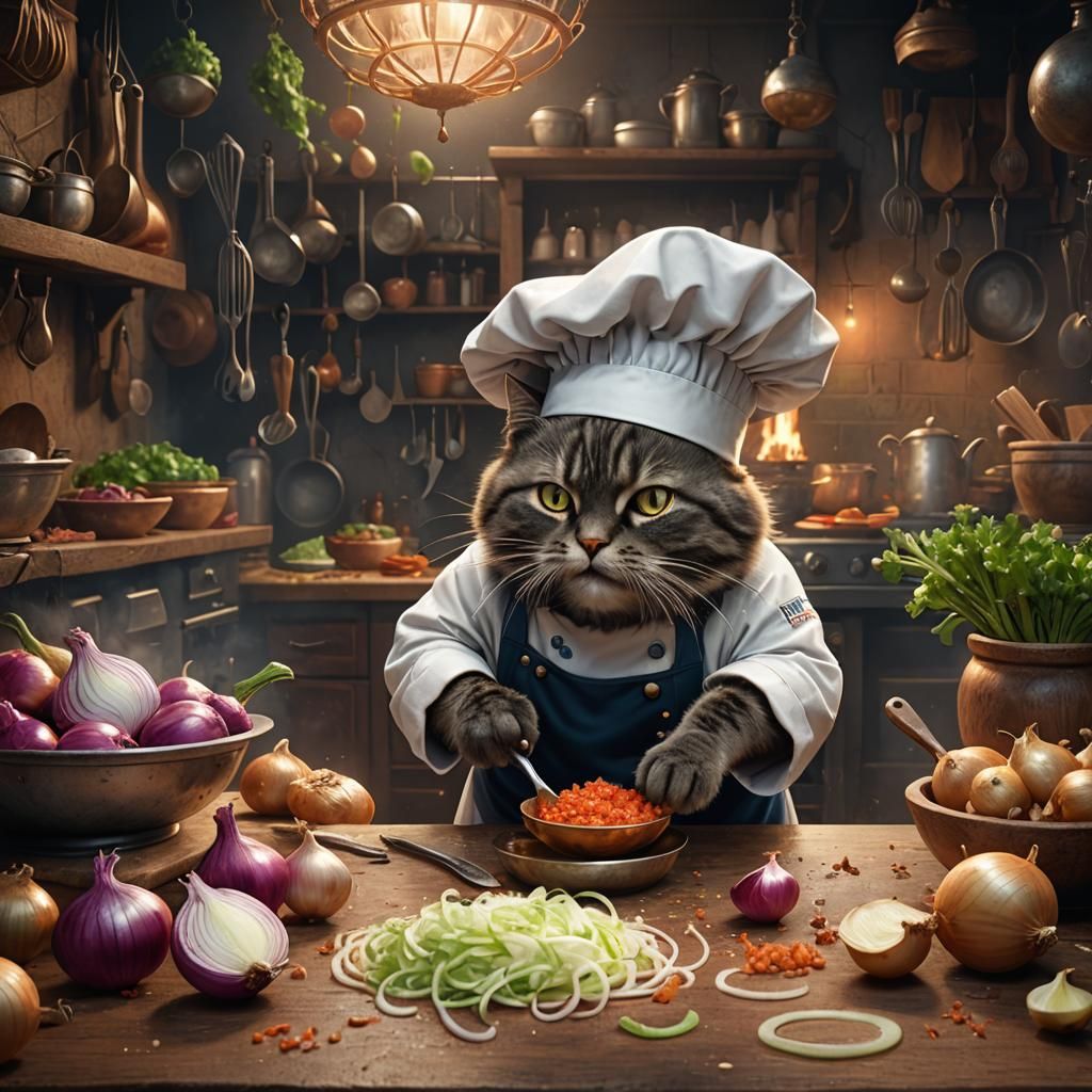 Cat Chef Slicing Onions: Detailed Fantasy Art