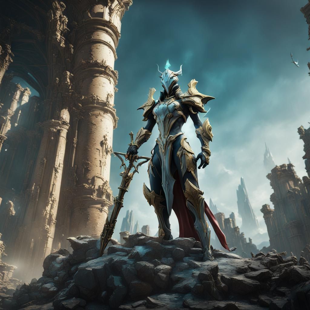 Excalibur Knight Standing on Ruins in Detailed Digital Paint...