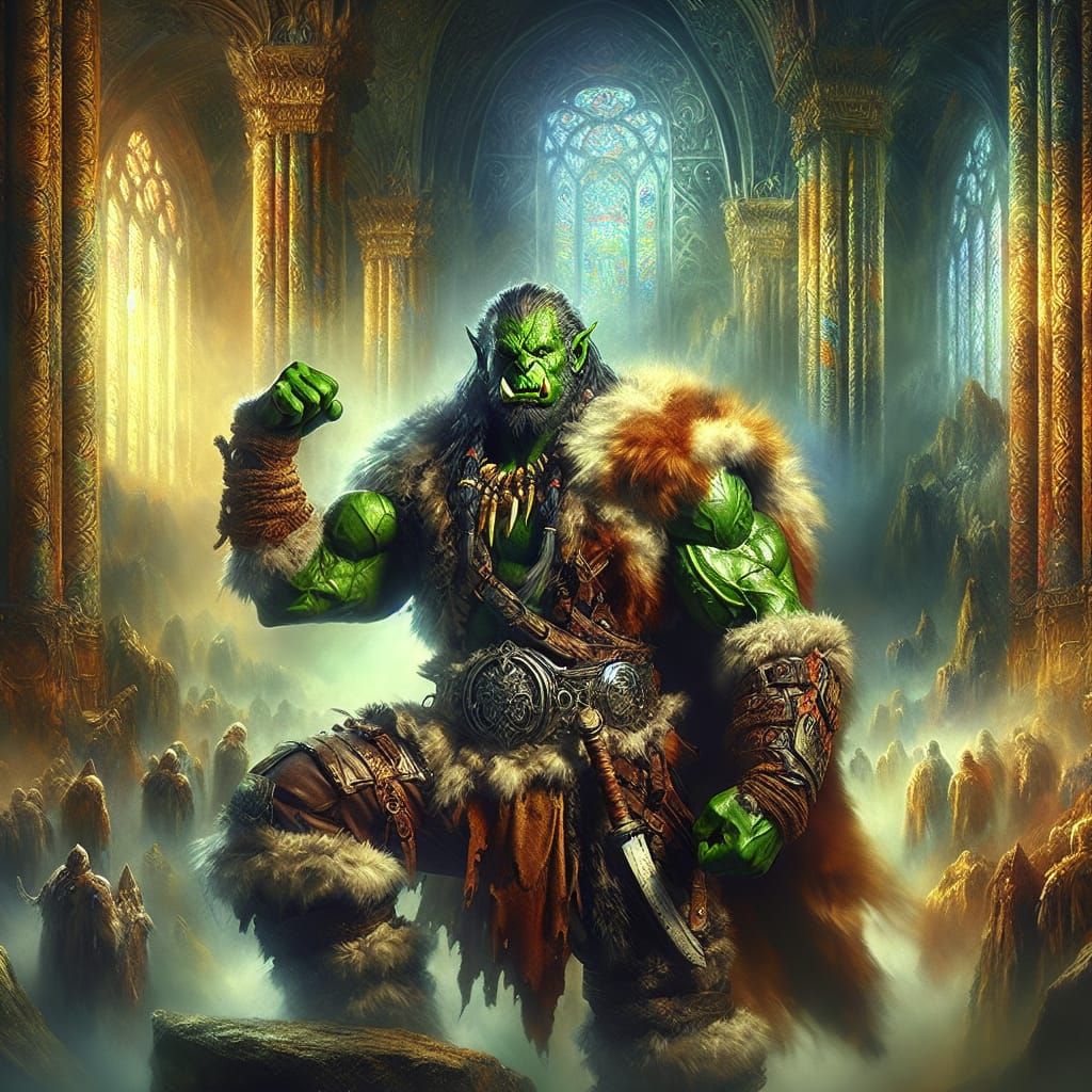 Muscular Orc Barbarian Woman Flexing in Cathedral