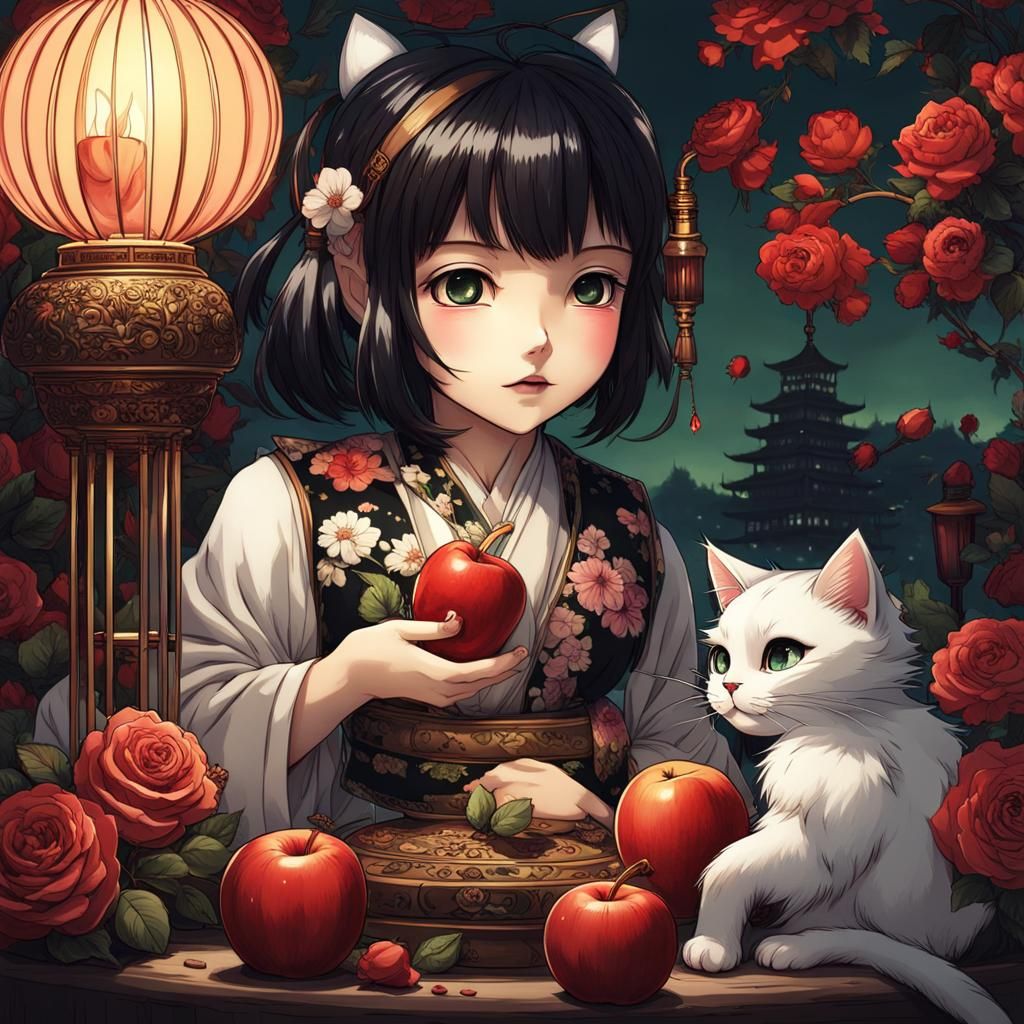 Manga Chibi Girl with Cat and Apple
