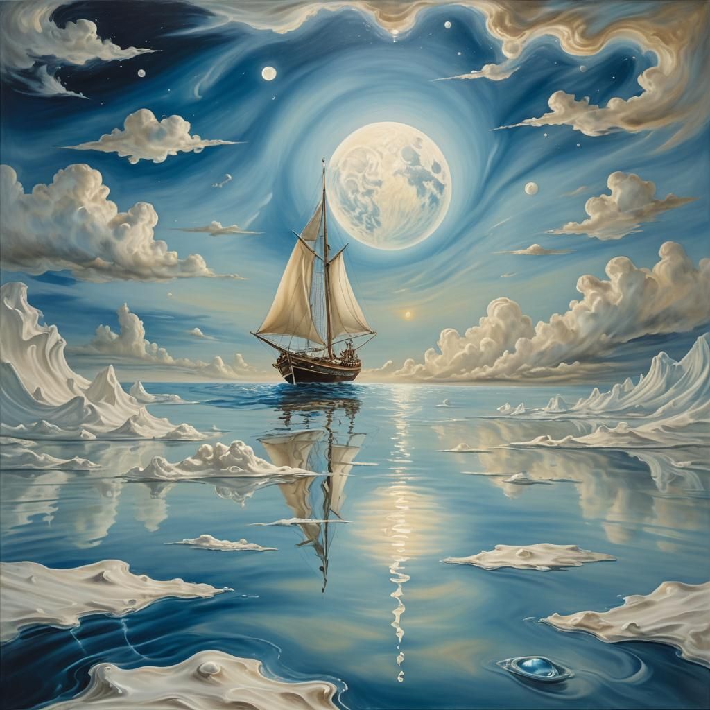 Surreal Lunar Sailboat in Ethereal Oil Painting